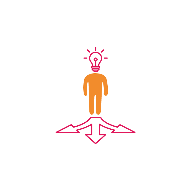 Cybermaniacs flat art icon depicting person with lightbulb head and directional arrows below it